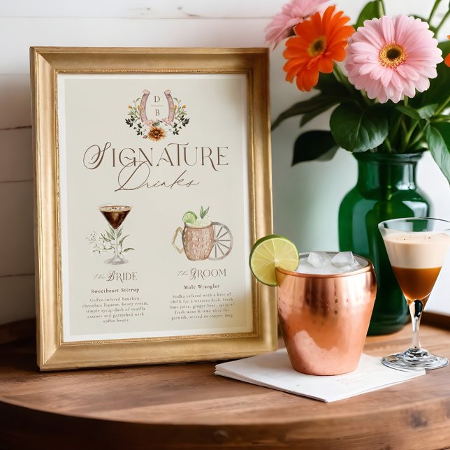Poster Bebidas de Assinatura de Cor d'água Ocidental (Western Watercolor Bride & Groom Signature Drinks Poster)