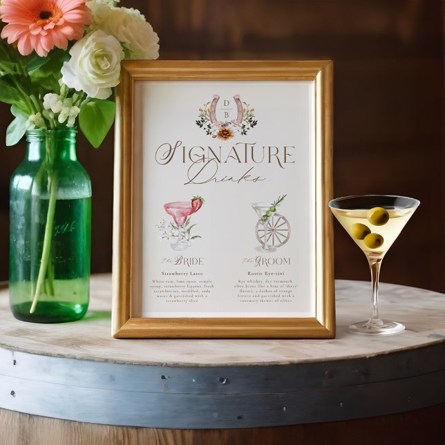 Poster Bebidas de Assinatura de Cor d'água Ocidental (Western Watercolor Bride & Groom Signature Drinks Poster)