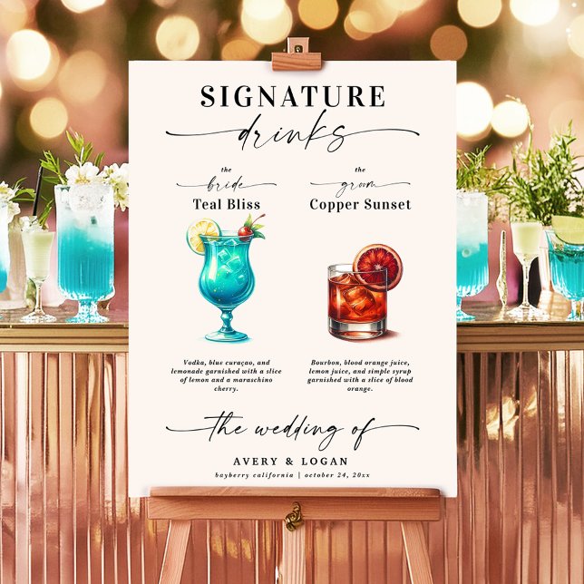 Poster Bebidas de Assinatura de Teal e Cobre (A Wedding Bar with Teal and Copper Colored Signature Drinks. Blue Lagoon and Whiskey Sour.)