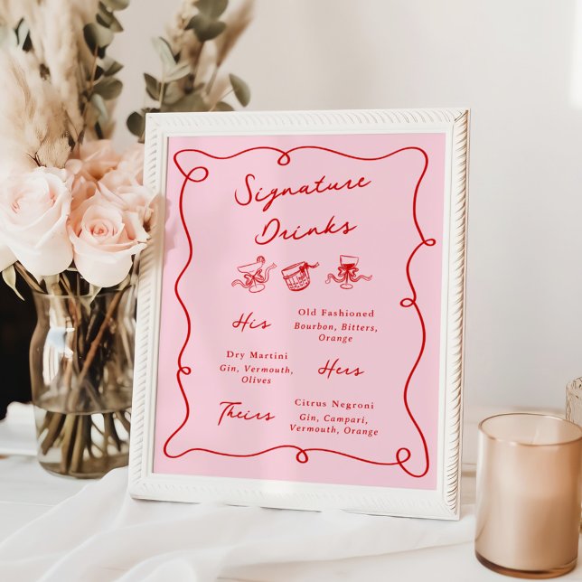 Poster Bebidas De Assinatura Rosa E Vermelha Desenhadas À (Criador carregado)