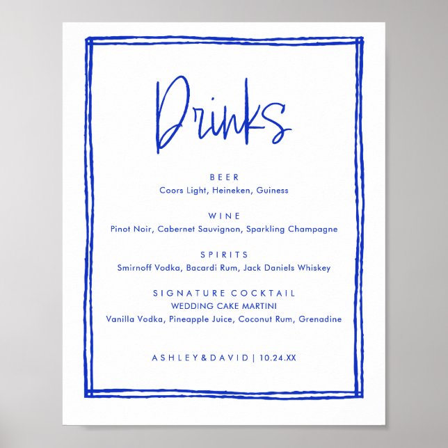 Poster Bebidas de Bar de Casamento Azul Francês Desenhada (Frente)