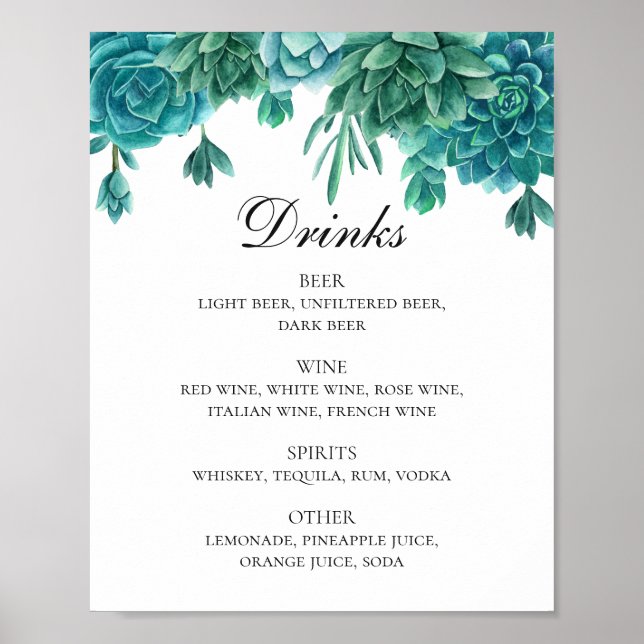 Poster Bebidas de casamento azuis e verdes (Frente)