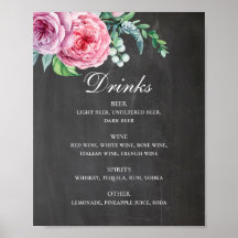 Bebidas de casamento de chalkboard. Álcool floral