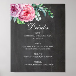 Poster Bebidas de casamento de chalkboard. Álcool floral
