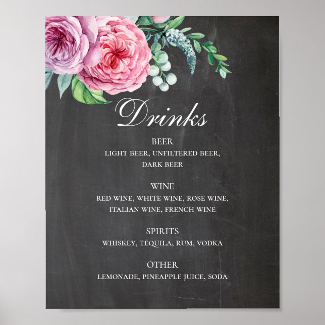 Poster Bebidas de casamento de chalkboard. Álcool floral  (Frente)