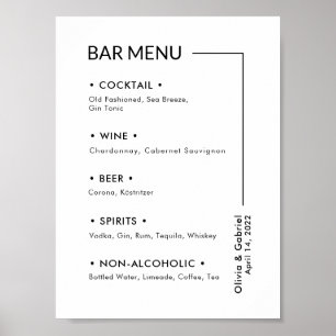Poster Bebidas de Casamento. Sinal Moderno Simples Menu d