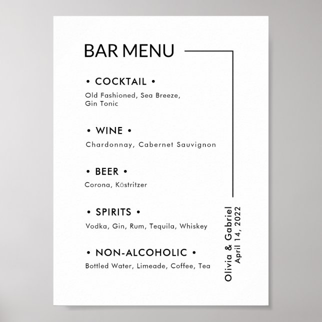 Poster Bebidas de Casamento. Sinal Simples Moderno Menu d (Frente)