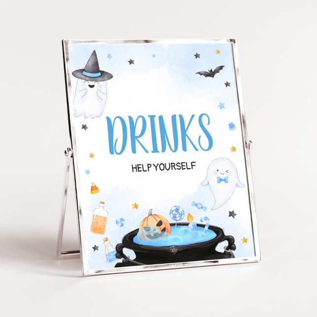 Poster Bebidas de Chá de fraldas Boo-y Halloween (Blue Oh Sheet Baby Shower Drinks Sign)