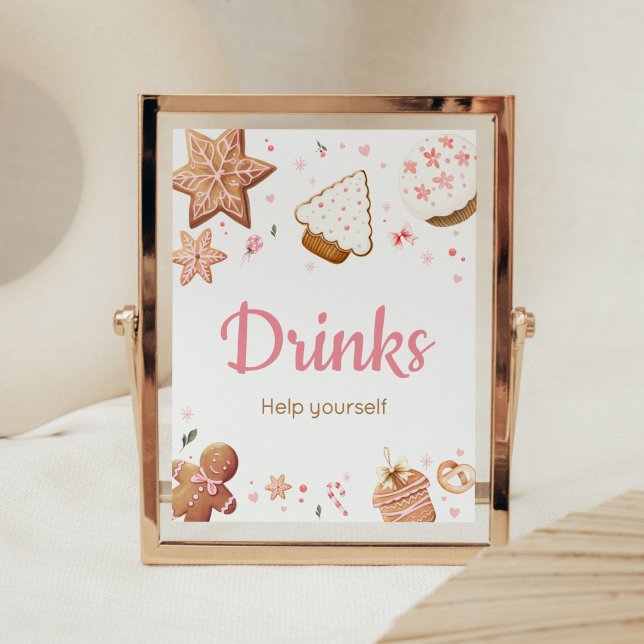 Poster Bebidas de Chá de fraldas de Biscoito de Natal ros (Christmas Little Cookie Gingerbread Baby Shower Drinks Sign)