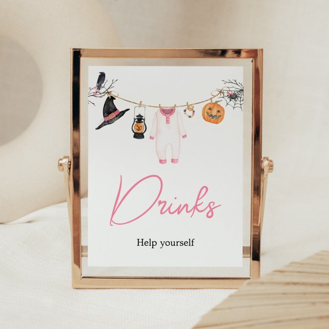 Poster Bebidas de Chá de fraldas de Boo Halloween Rosa (Halloween Baby Clothes Baby Shower Drinks Sign)