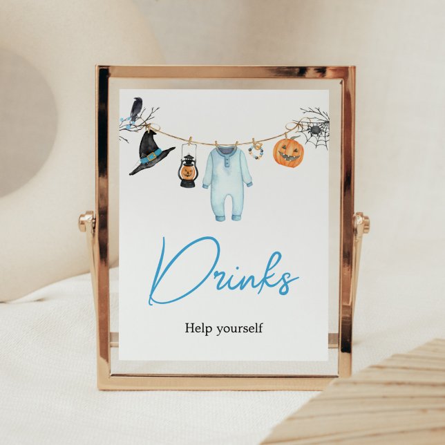 Poster Bebidas de Chá de fraldas de Boo Pequeno Azul (Halloween Baby Clothes Baby Shower Drinks Sign)