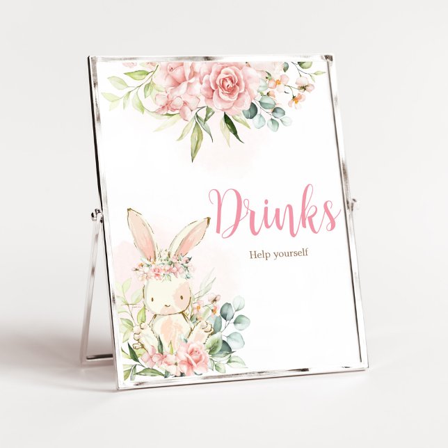 Poster Bebidas De Chá de fraldas De Coelho Floral Rosa (A Little Bunny Girl Baby Shower Drinks Sign)