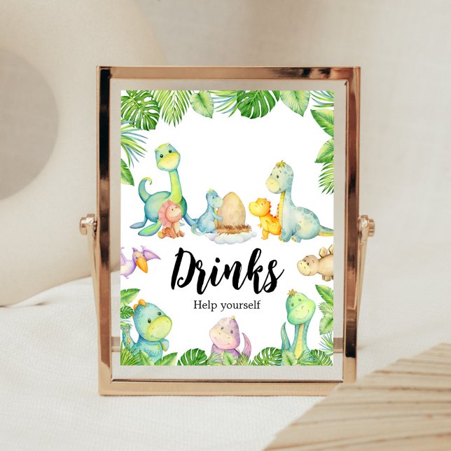 Poster Bebidas De Chá de fraldas De Dinossauro Cute (Greenery Dinosaur Baby Shower Drinks Sign)