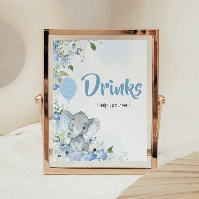 Poster Bebidas De Chá de fraldas De Elefante De Amendoim  (Blue Elephant Little Peanut Baby Shower Drinks Sign)
