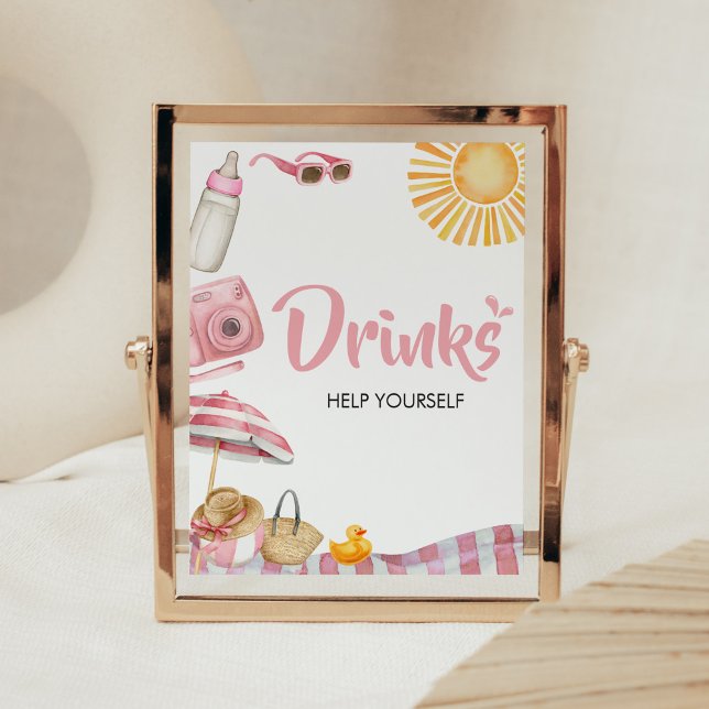 Poster Bebidas de Chá de fraldas de Verão de Praia Rosa (Splish Splash Baby Shower Drinks Sign)