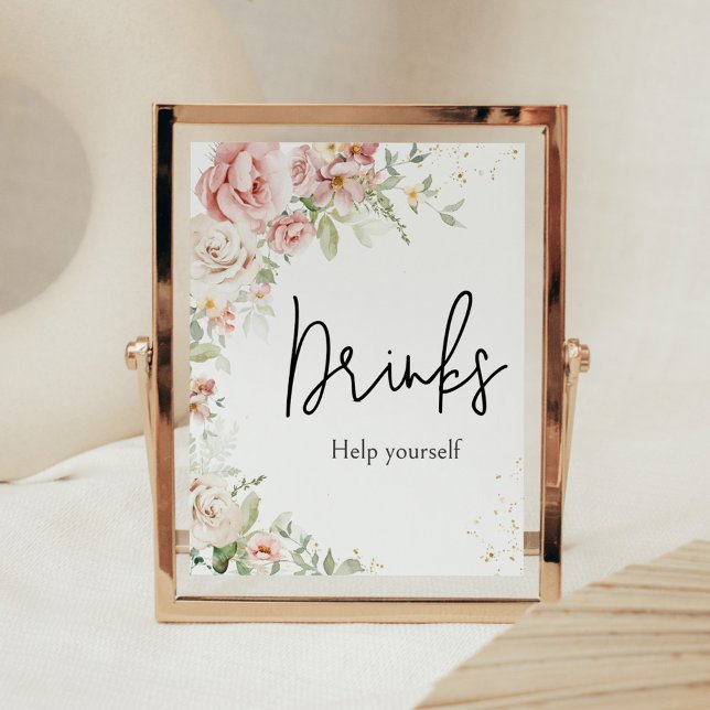 Poster Bebidas De Chá de fraldas Floral Rosa Dusty (Dusty Pink Floral Greenery Baby Shower Drinks Sign)