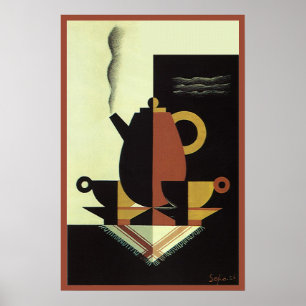 Pôster Bebidas de Drinks Vintage Cafeteira com Xícaras