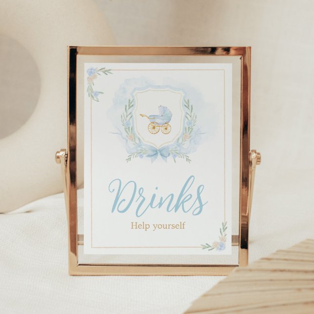 Poster Bebidas do Chá de fraldas de Crest com Aquarela Az (Blue Gold Carriage Crest Baby Shower Drinks Sign)