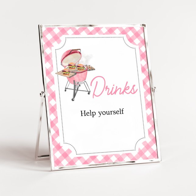 Poster Bebidas do Chá de fraldas do Burger Rosa (Girl Backyard BBQ Baby Shower Drinks Sign)