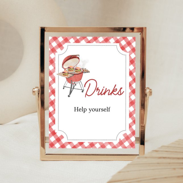 Poster Bebidas do Chá de fraldas do Burger Vermelho (Backyard BBQ Baby Shower Drinks Sign)