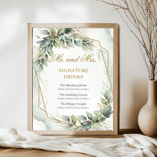 Poster Bebidas modernas de assinaturas de ouro botânico (Modern botanical greenery leaf gold frame Mr. and Mrs. signature drinks sign)