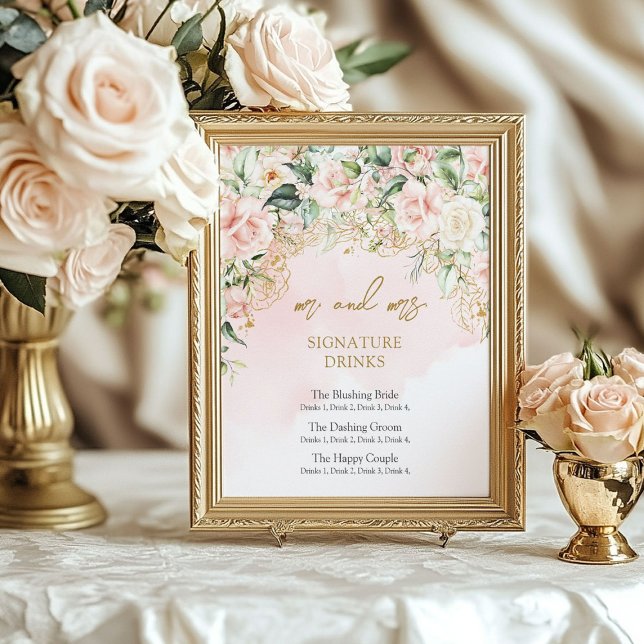 Poster Bebidas modernas de cor-de-rosa suave e de assinat (Modern soft pink and gold signature drinks poster)