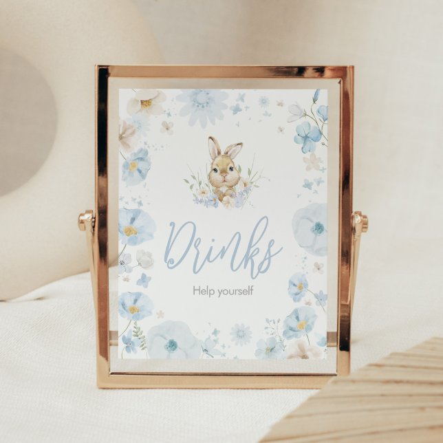 Poster Bebidas para Chá de Bebê do Coelho Somebunny Azul (Blue Rabbit Somebunny Baby Shower Drinks Sign)