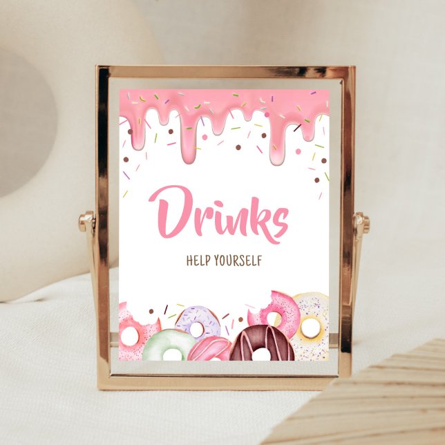 Poster Bebidas por aspersão do Rosquinha e Fralda (Pink Donuts Girl Baby Shower Drinks Sign)
