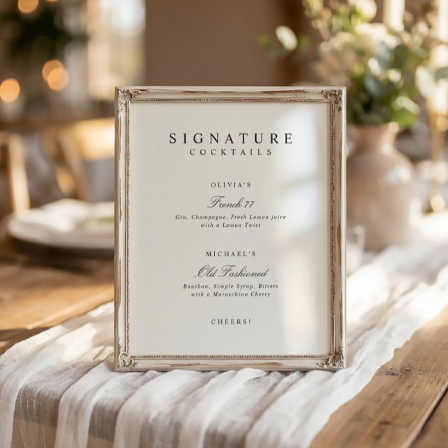 Poster Bebidas Signature Elegantes Sinal de Bar de Casame (Elegant black and white signature drinks wedding sign with simple script and minimalist design)