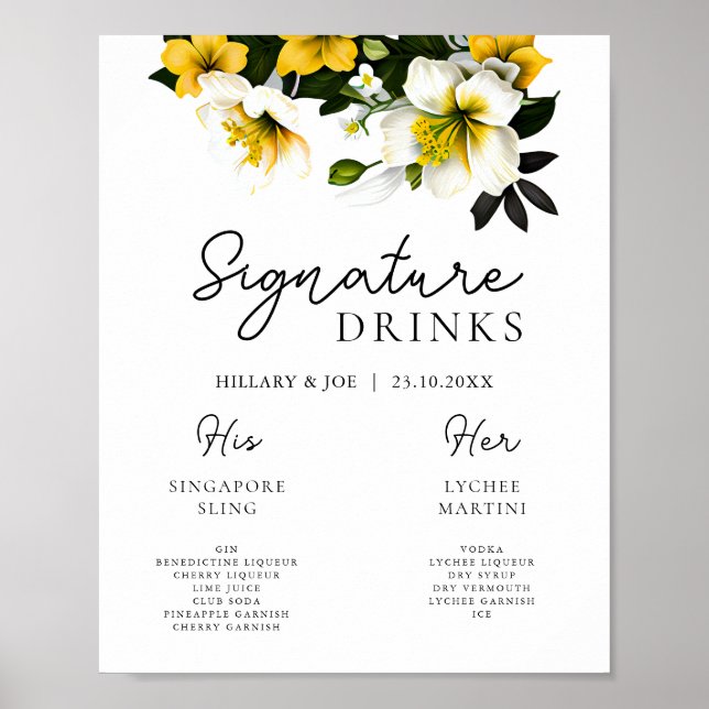 Poster Bebidas Signature Yellow Floral Wedding Elegante (Frente)