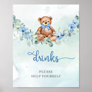 Poster Bebidas verdes florais azuis de urso Aquarela