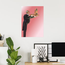 Pôster Bebidas Vintage, Mordomo Servindo Vinho na Bandeja