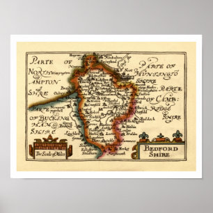 Poster Bedfordshire County England Antigo Mapa Antiquário