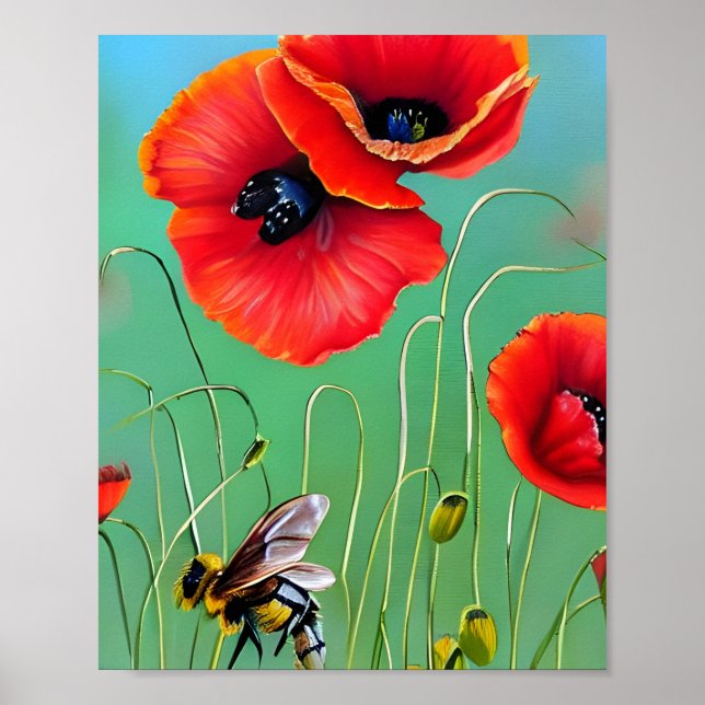 Poster Bee and Red Poppies  (Frente)