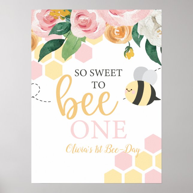 Poster Bee Day Bumblebee primeiro aniversario rosa floral (Frente)