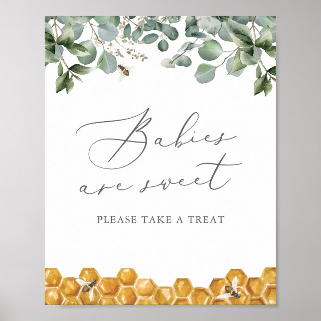 Poster Bee Greenery Chás de fraldas Bebês são Sinal Doce (Frente)