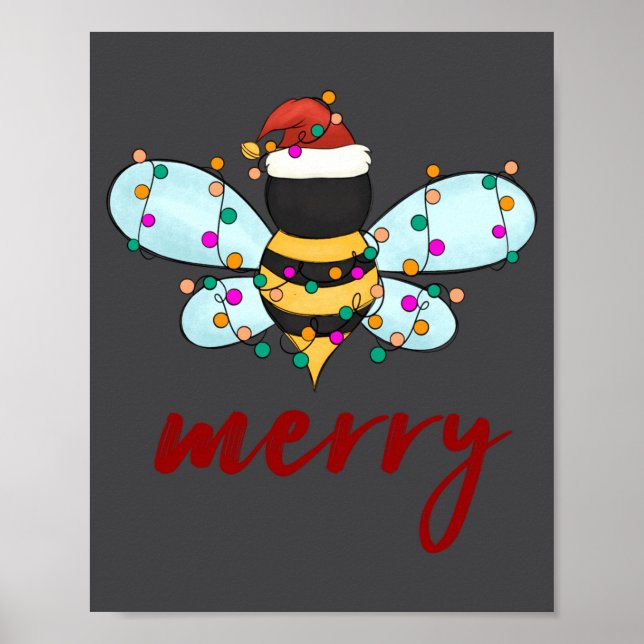 Poster Bee Merry Christmas Bee In Santa Hat Cute Merry Xm (Frente)
