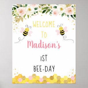 Poster Bee Pink Gold Floral Birthday Bee-Day Welcome