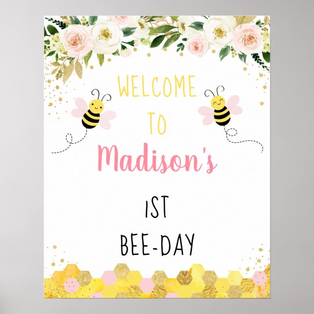 Poster Bee Pink Gold Floral Birthday Bee-Day Welcome (Frente)