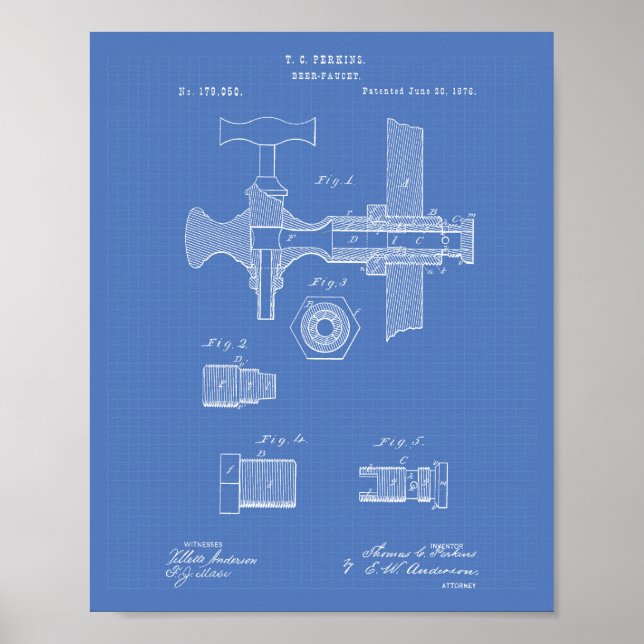 Poster Beer Faucet 1876 Patent Art Blueprint (Frente)