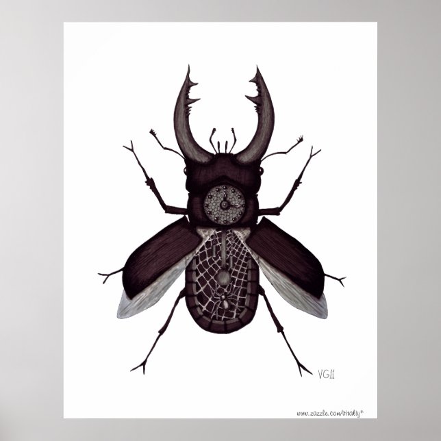 Poster Beetle clock surreal black and white drawing (Frente)