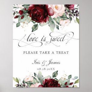 Poster Bege Burgundy Floral Amor é Doce Pegue um Lanche