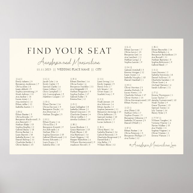 Poster Beige Minimal Wedding Alphabetical Seating Chart (Frente)