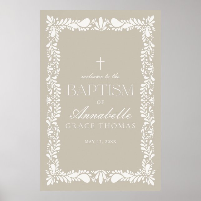 Poster Beige Talavera Azulejo Espanhol Fiesta Baptism Bem (Frente)