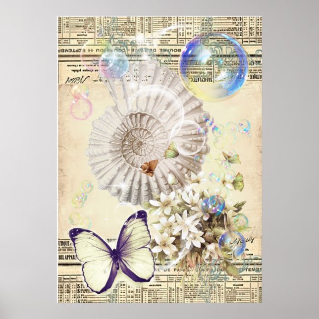 Pôster beige vintage borterfly seashell botânico francês (Frente)