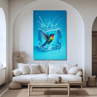 Poster Beija-flor Colorido Dentro de Cubo de Gelo Neon Az