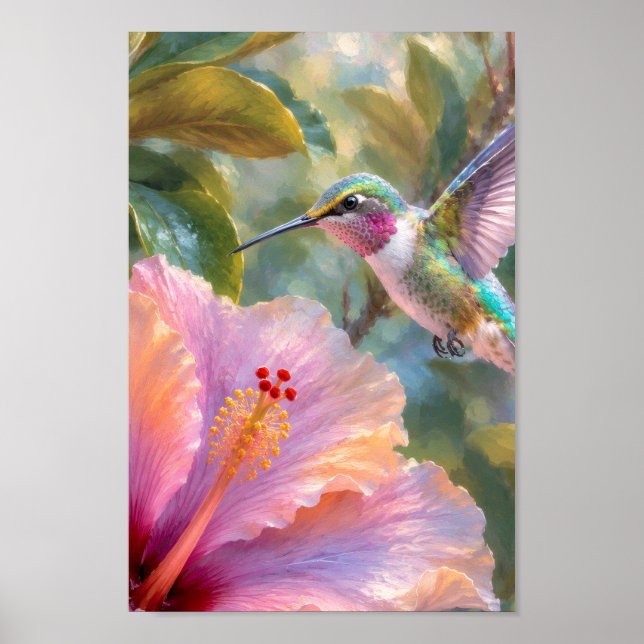 Poster Beija-flor com Aquarela de Hibisco (Frente)