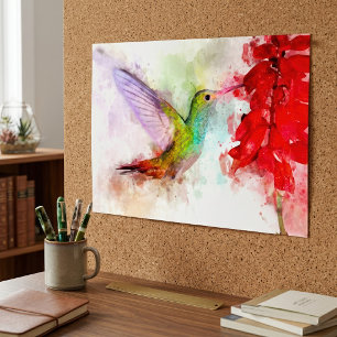 Poster Beija-flor em Aquarela se Alimentando de Flor Verm