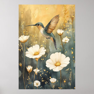 Poster beija-flor em pleno voo no meio de flores brancas