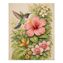 Beija-flor Tropical Vibrante Botânico Hibisco